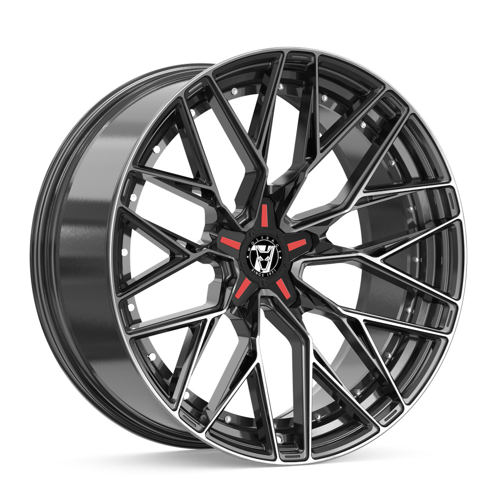 Jante alu Demon Wheels 71 Wolfsburg GTR CUSTOM Gloss Raven Black Polished Red Inserts